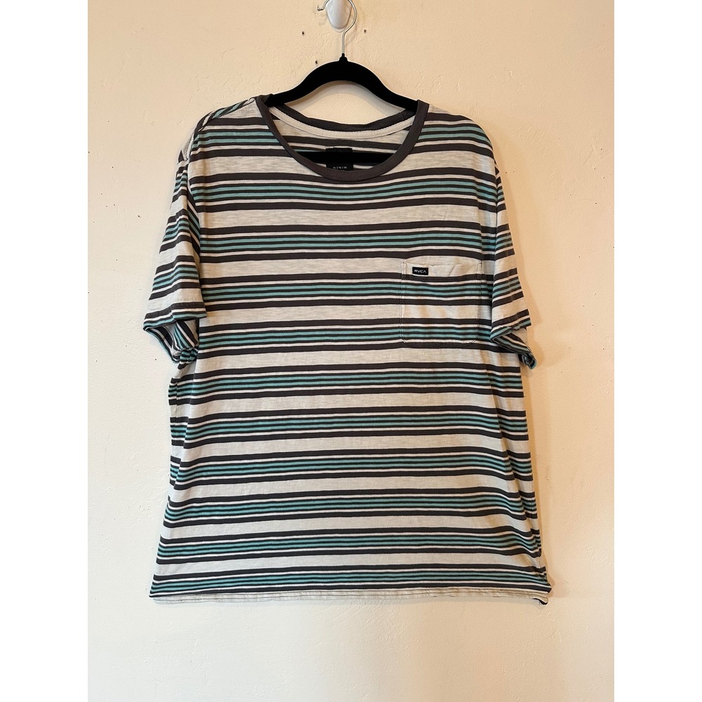 RVCA Mens XL Slim Fit Striped Pocket Tee Grunge 90s Style Grey Teal thrashed